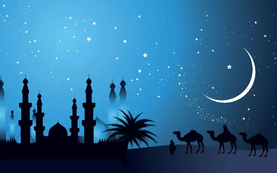 سایه مسجد زیر آسمان شب با هلال ماه و ستاره های درخشان