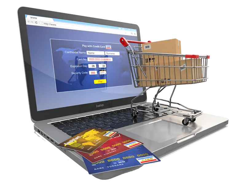 چرخ خرید فروشگاهی و کارت های بانکی روی لپ تاپ پی ان جی