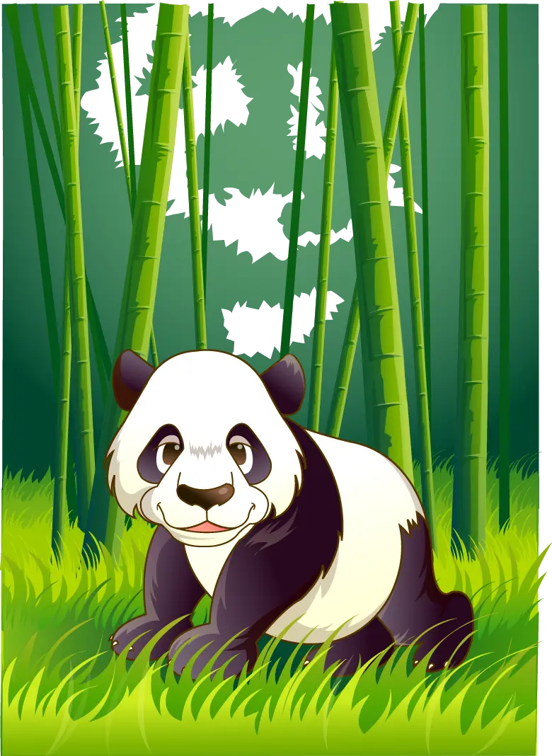 تصویر دور بریده شده کارتونی پاندا وسط جنگل سرسبز بامبو 