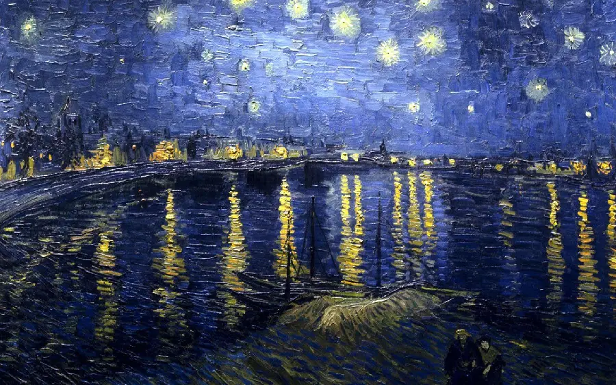 عکس نقاشی قدیمی شب پر ستاره بر فراز رون با کیفیت خوب