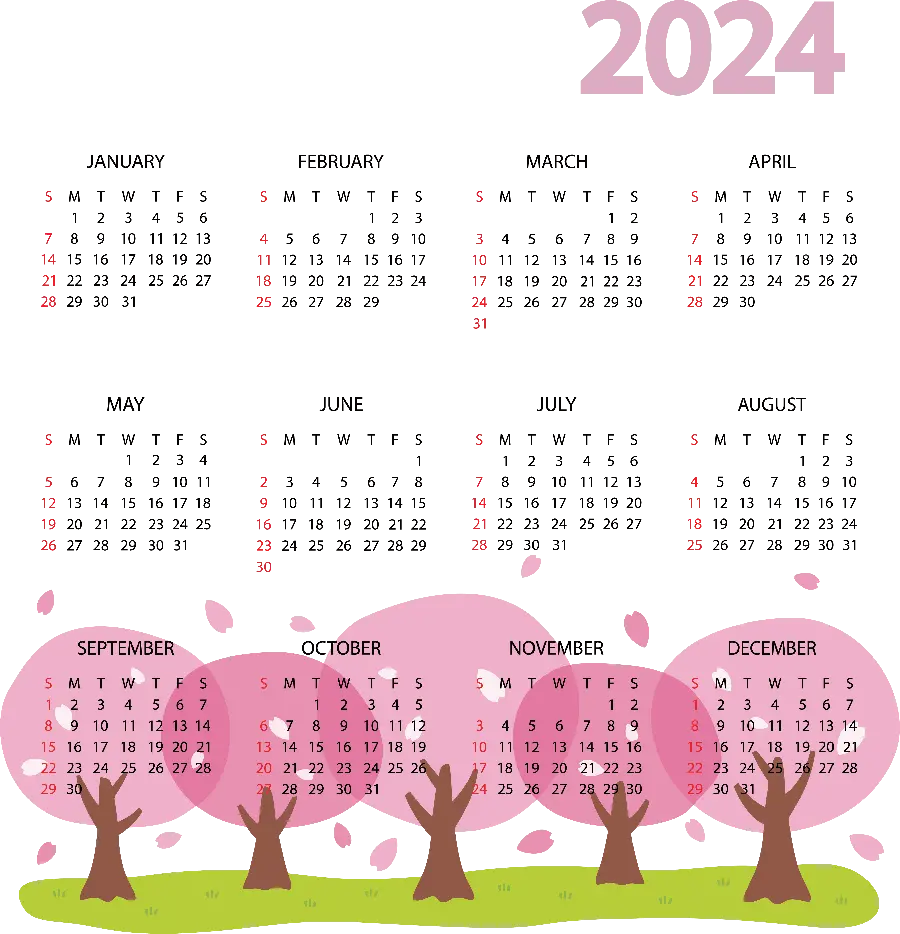 پس زمینه با طرح تقویم 2024 با پس زمینه درخت های کیوت صورتی