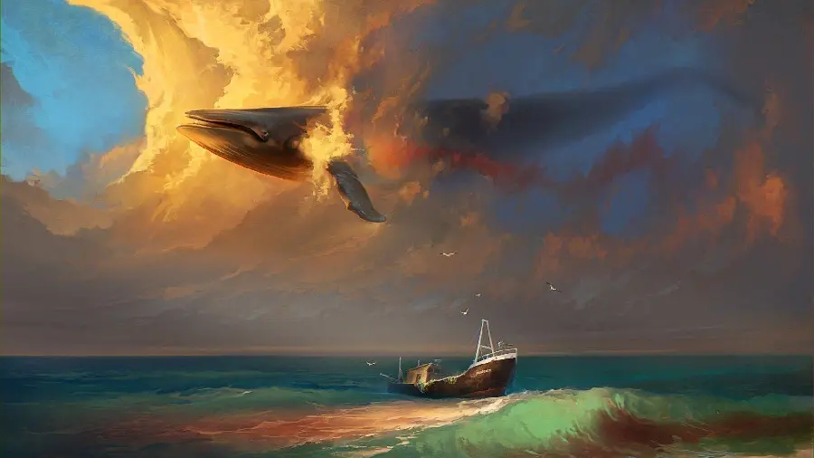 زمینه سورئالیسم نهنگ در آسمان و کشتی در دریا با کیفیت بالا