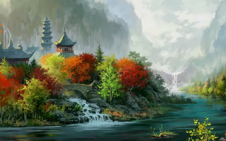 عکس نقاشی چینی جریان رودخانه در کنار درختان سبز و نارنجی 