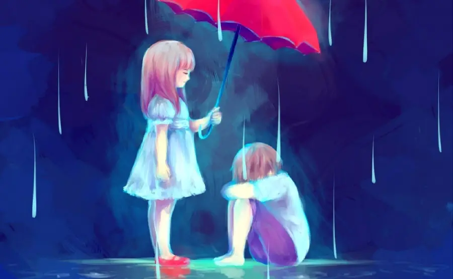 دانلود عکس پروفایل انیمه ای دختر و پسر با چتر زیر باران شدید 