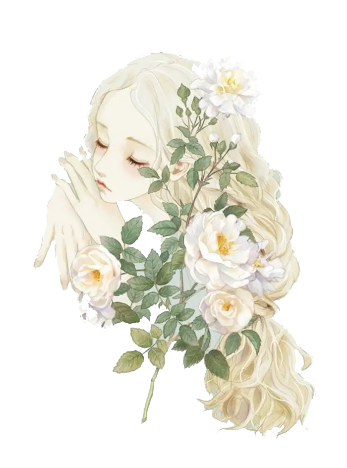 گل های سفید روی شاخه با پس زمینه دختر خوابیده مو طلایی