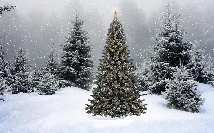عکس درخت کاج چراغانی در برف مخصوص جشن کریسمس