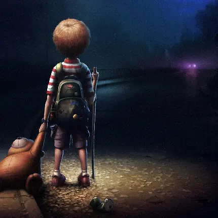عکس پروفایل کارتون غمگین از پسر بچه تنها در کنار جاده