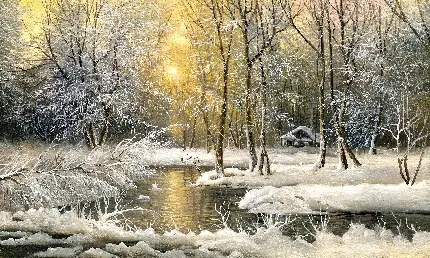 بک گراند بسیار زیبا تابلو نقاشی زمستان کشیده شده با رنگ روغن