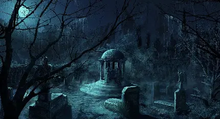 تصویر انیمه ای قبرستان گوتیک با درختان خشک شده در شب