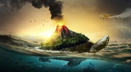 عکس سورئالیسم آتشفشان روی لاکپشت دریایی با کیفیت عالی