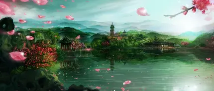 نقاشی سازه های چینی و طبیعت سرسبز اطراف دریاچه