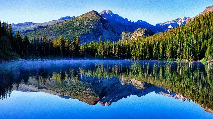 تصویر شگفت انگیز طبیعت کمیاب دریاچه پر آب کوهستان و جنگل