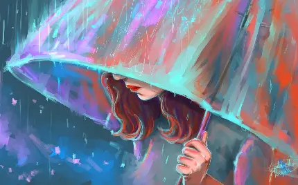 عکس زمینه نقاشی دختر چتر به دست زیر بارش باران مناسب لپ تاپ