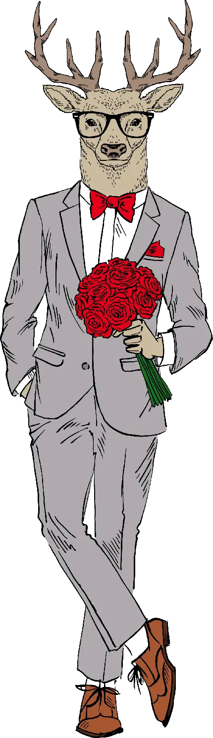 عکس کاراکتر گوزن جنتلمن با کت شلوار و دسته گل رز قرمز png