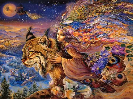 عکس رایگان نقاشی دیجیتال دختر رویایی روی گربه غول پیکر