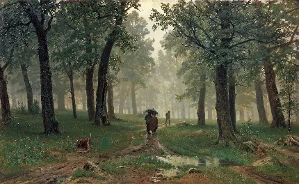 عکس نقاشی رنگ روغن قدم زدن عاشقانه با چتر در جنگل سرسبز