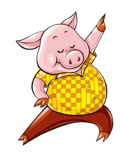 خوک انیمیشنی چاق با لباس های بامزه در حال رقصیدن