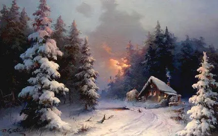 عکس تابلو نقاشی کلبه ای گرم میان جنگل زمستانی پر از برف 