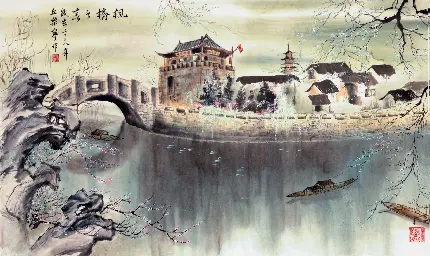تابلو نقاشی شرقی رودخانه و خانه های شیروانی اطرافش