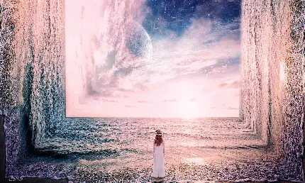 عکس سورئالیسم دختر سفید پوش در حال تماشای دریا شکافته شده