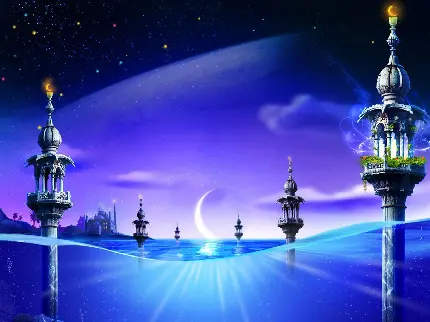 منظره رویایی هلال ماه و مناره هایی با معماری اسلامی