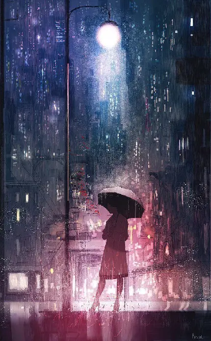 تصویر گرافیکی فانتزی دختر انیمه ای با چتر در حال قدم زدن زیر باران 