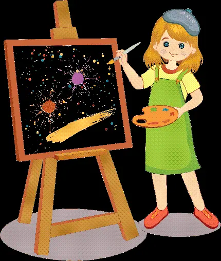 دختر کارتونی نقاش در حال پاشیدن رنگ روی صفحه سفید