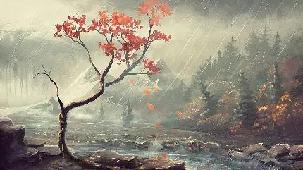 دانلود عکس نقاشی رنگی چینی تک درخت تنها کنار رودخانه