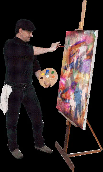 png عکس مرد نقاش و نقاشی آبستره روی تابلو بزرگ با کیفیت خوب