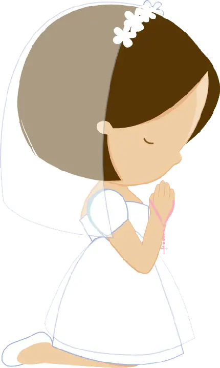 دختر بچه کارتونی با لباس پرنسسی سفید در حال دعا کردن