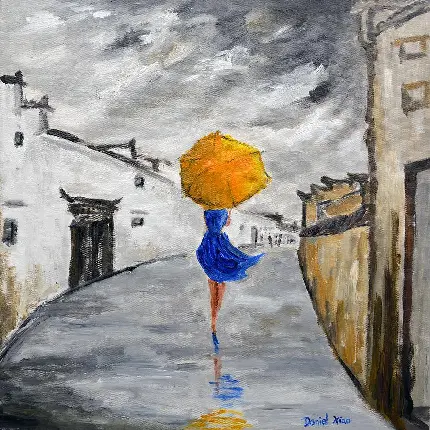 تابلو نقاشی دختر با چتر نارنجی در کوچه های بارانی