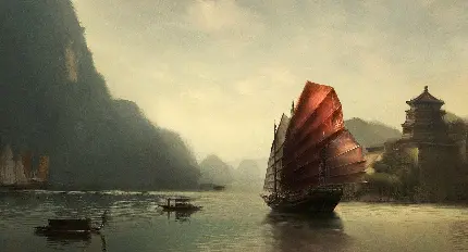 تابلو نقاشی چینی کشتی بادبانی چوبی بزرگ در دریا