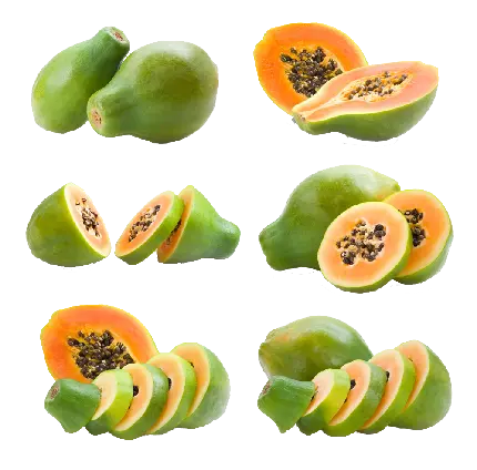 عکس برش های مختلف از میوه پاپایا گلابی شکل با پوست سبز png