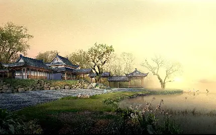 بک گراند نقاشی شرقی قصر کنار دریاچه ای به رنگ غروب خورشید