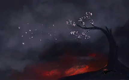 تک درخت سوخته و شکوفه های سفید در دست باد