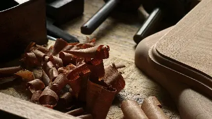 تصویر خیلی قشنگ از نمای نزدیک تکه های نازک چوب در نجاری