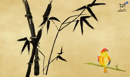 نقاشی چینی پرنده نارنجی کوچک روی شاخه سبز درخت