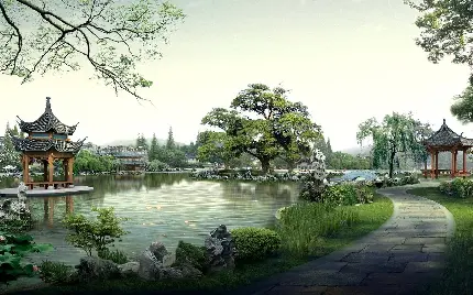 تصویر زمینه جاده سنگفرش شده در باغ بونسای با کیفیت بالا