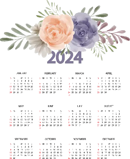 عکس از تقویم سال نوی میلادی 2024 با گل های خوشگل بالای صفحه