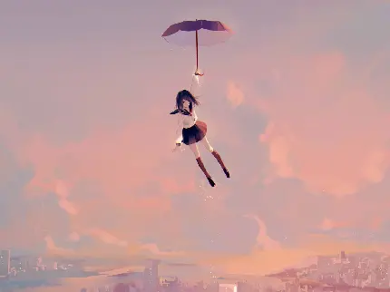 دانلود والپیپر از عکس انیمه ای دختری بامزه درحال پرواز با چتر مشکی