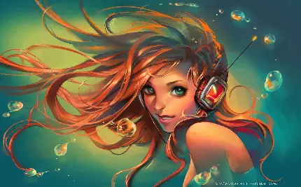 عکس دختر مو قرمز نقاشی دیجیتال زیر آب با کیفیت بالا