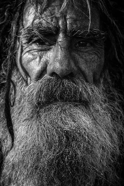 عکس استوک دیدنی سیاه سفید از پیرمردی با ریش های آشفته و چهره پریشان
