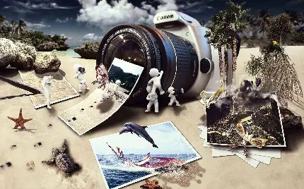 دوربین عکاسی غول پیکر در ساحل با آدمک های سفید کوچولو
