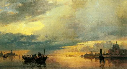 دانلود عکس زمینه نقاشی رنگ روغن ماهیگری با قایق در غروب 