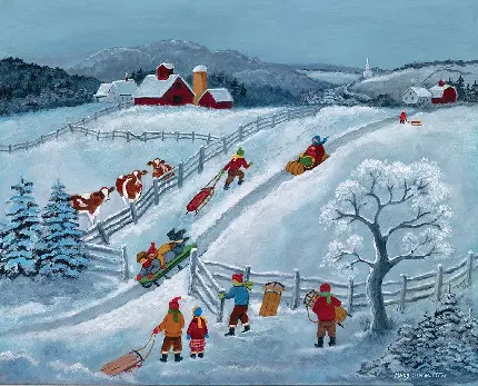 عکس نقاشی برف و زمستان برفی و زمین سفید پوش به سبک هنر عامیانه
