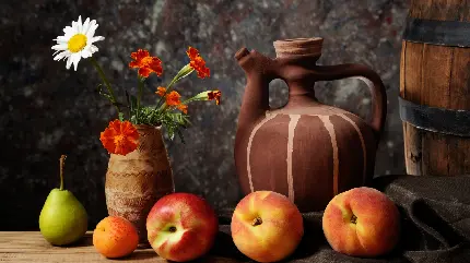 دانلود عکس استوک رایگان با طرح میوه های خوشمزه و گل و گلدان 