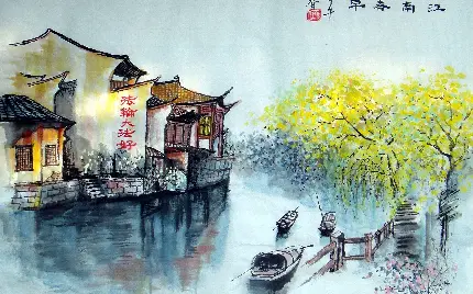 نقاشی چینی رنگی خانه چوبی شناور روی آب