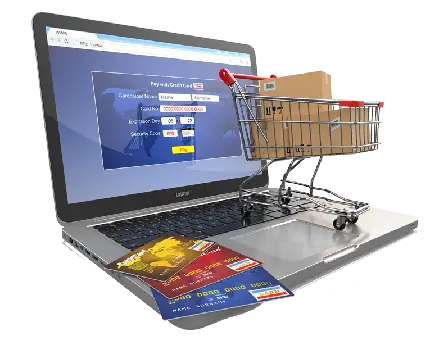 چرخ خرید فروشگاهی و کارت های بانکی روی لپ تاپ پی ان جی