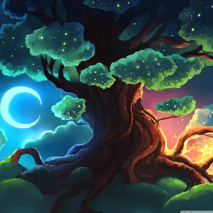عکس انیمیشنی درخت سرسبز با ستاره های نورانی و درخشان