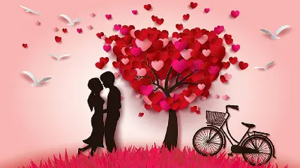 عکس جذاب فانتزی زوج عاشق در کنار درخت قلبی شکل قرمز